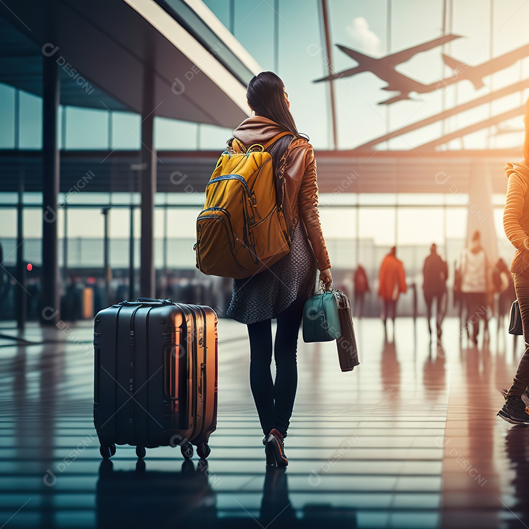 Imagem realista de mulher sobre aeroporto
