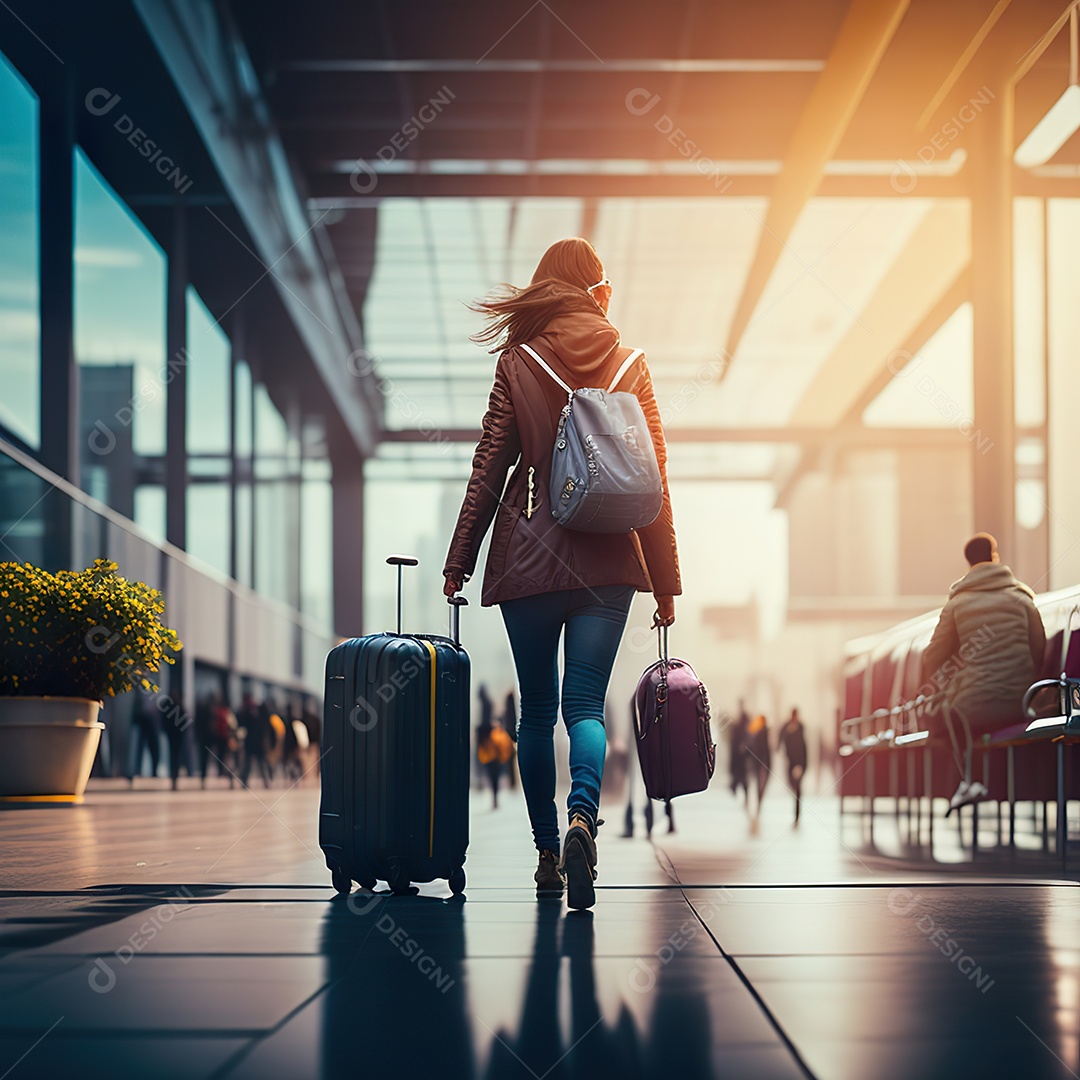 Imagem realista de mulher sobre aeroporto
