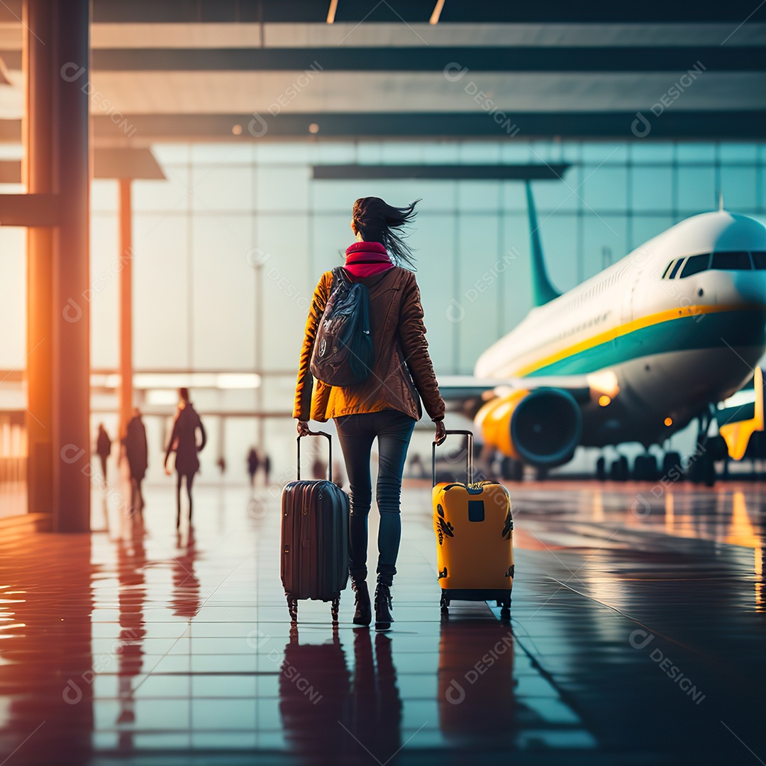 Imagem realista de mulher sobre aeroporto