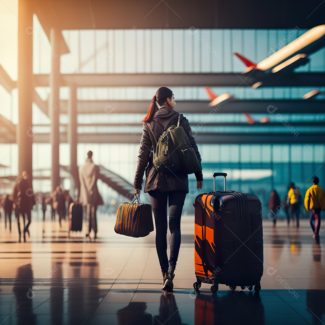 Imagem realista de mulher sobre aeroporto
