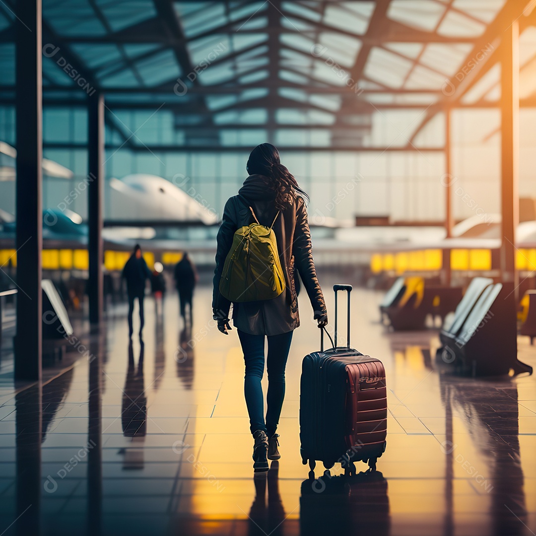 Imagem realista de mulher sobre aeroporto