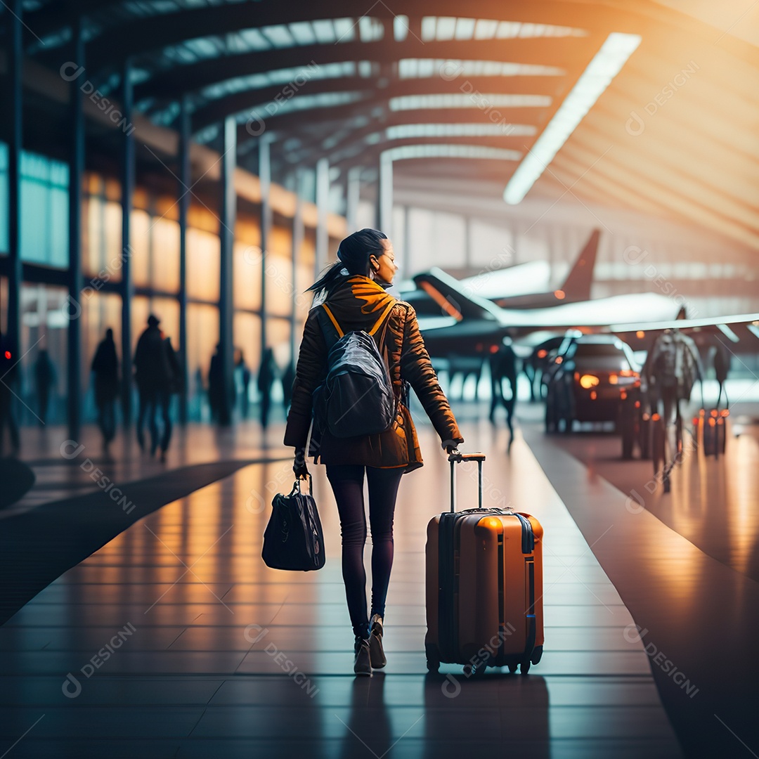 Imagem realista de mulher sobre aeroporto