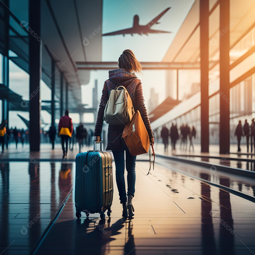 Imagem realista de mulher sobre aeroporto
