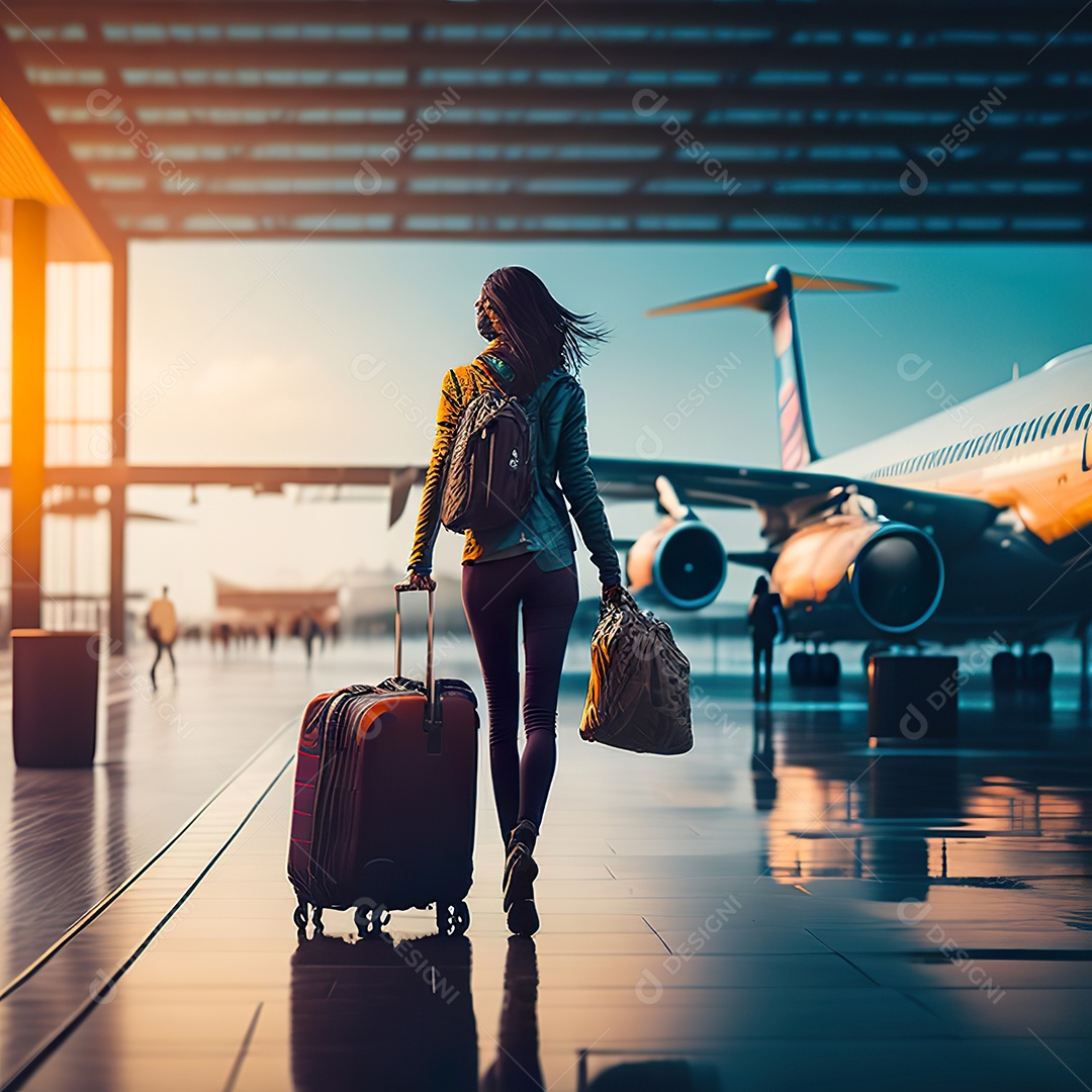 Imagem realista de mulher sobre aeroporto