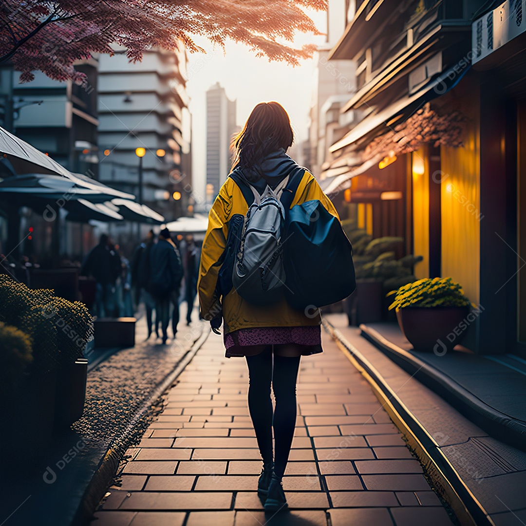 Imagem realista de mulher andando sobre ruas de Tóquio