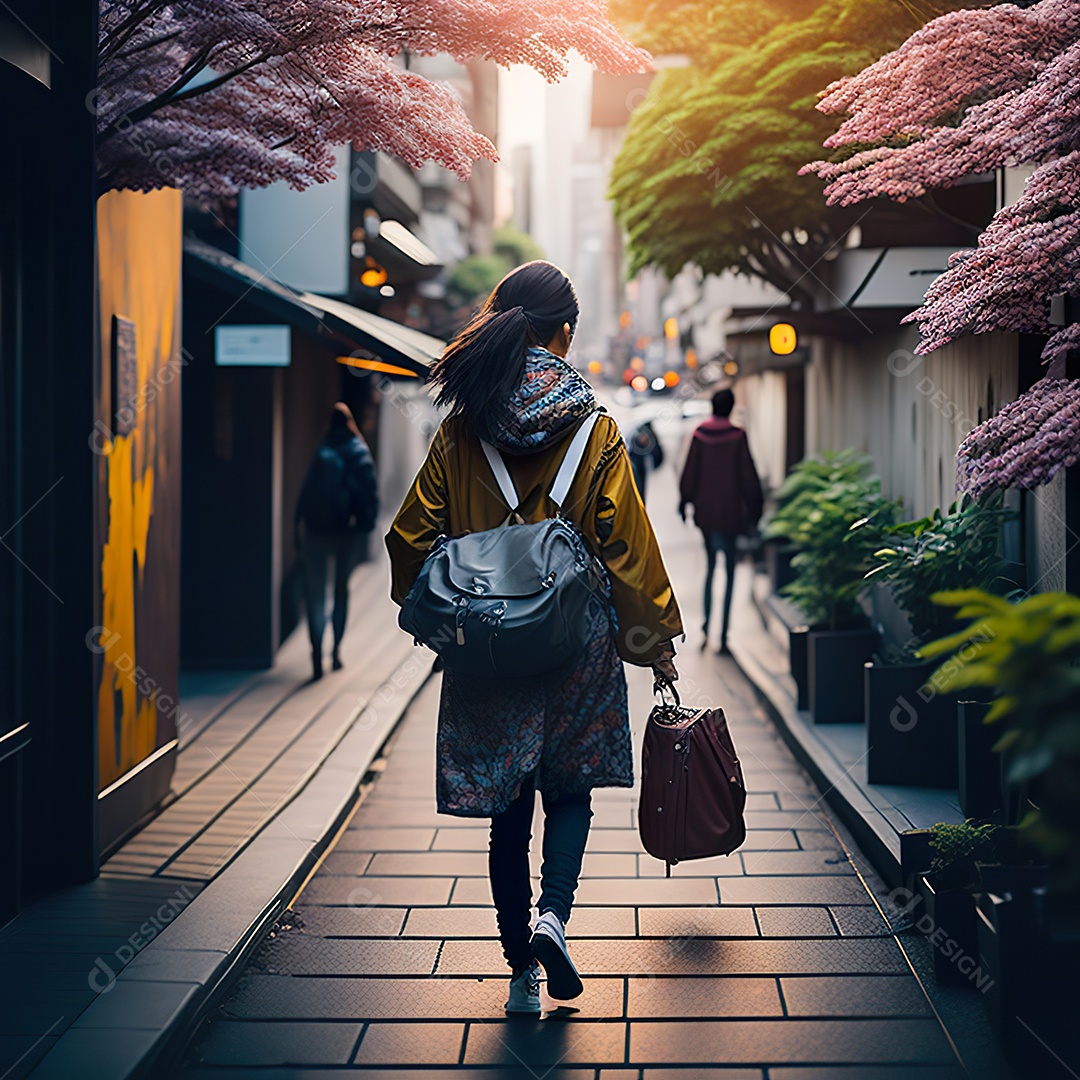 Imagem realista de mulher andando sobre ruas de Tóquio