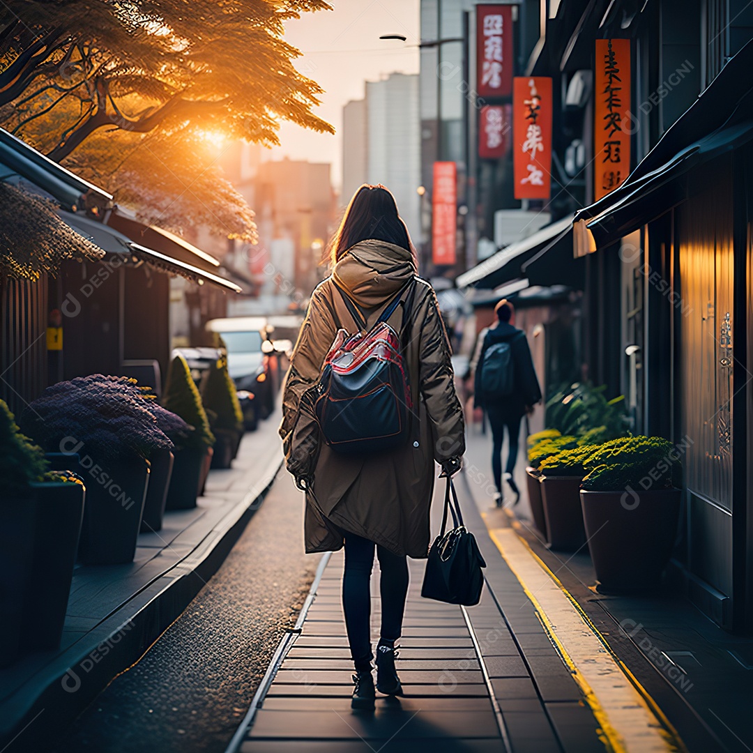 Imagem realista de mulher andando sobre ruas de Tóquio