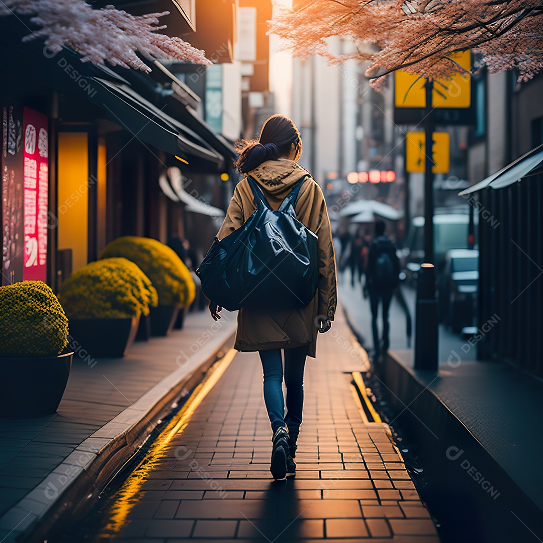 Imagem realista de mulher andando sobre ruas de Tóquio