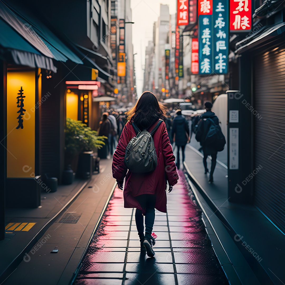 Imagem realista de mulher andando sobre ruas de Tóquio
