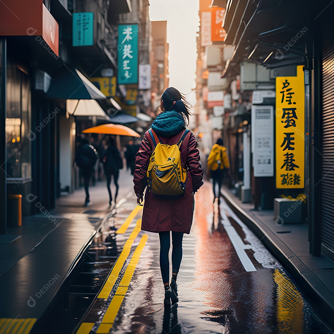 Imagem realista de mulher andando sobre ruas de Tóquio