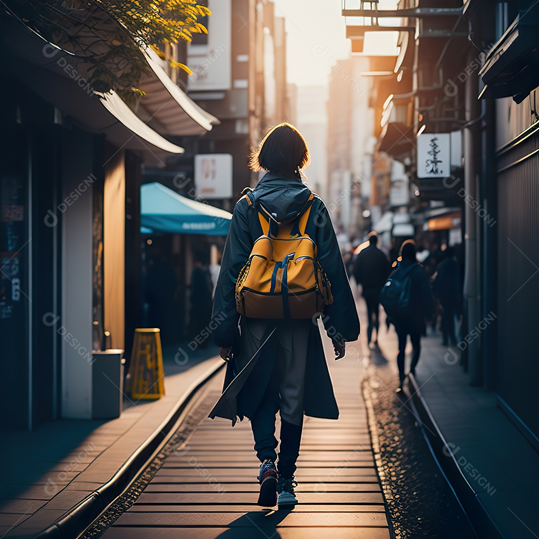 Imagem realista de mulher andando sobre ruas de Tóquio