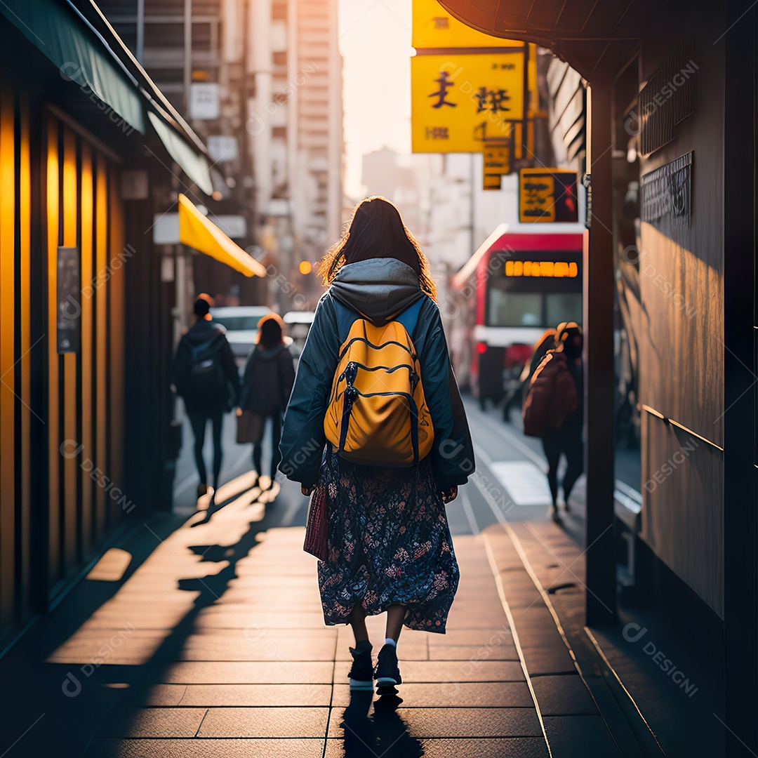 Imagem realista de mulher andando sobre ruas de Tóquio