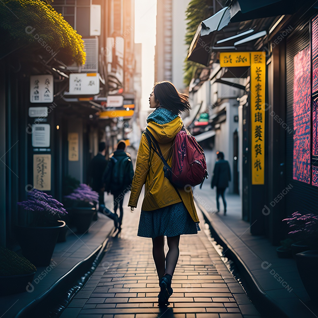 Imagem realista de mulher andando sobre ruas de Tóquio