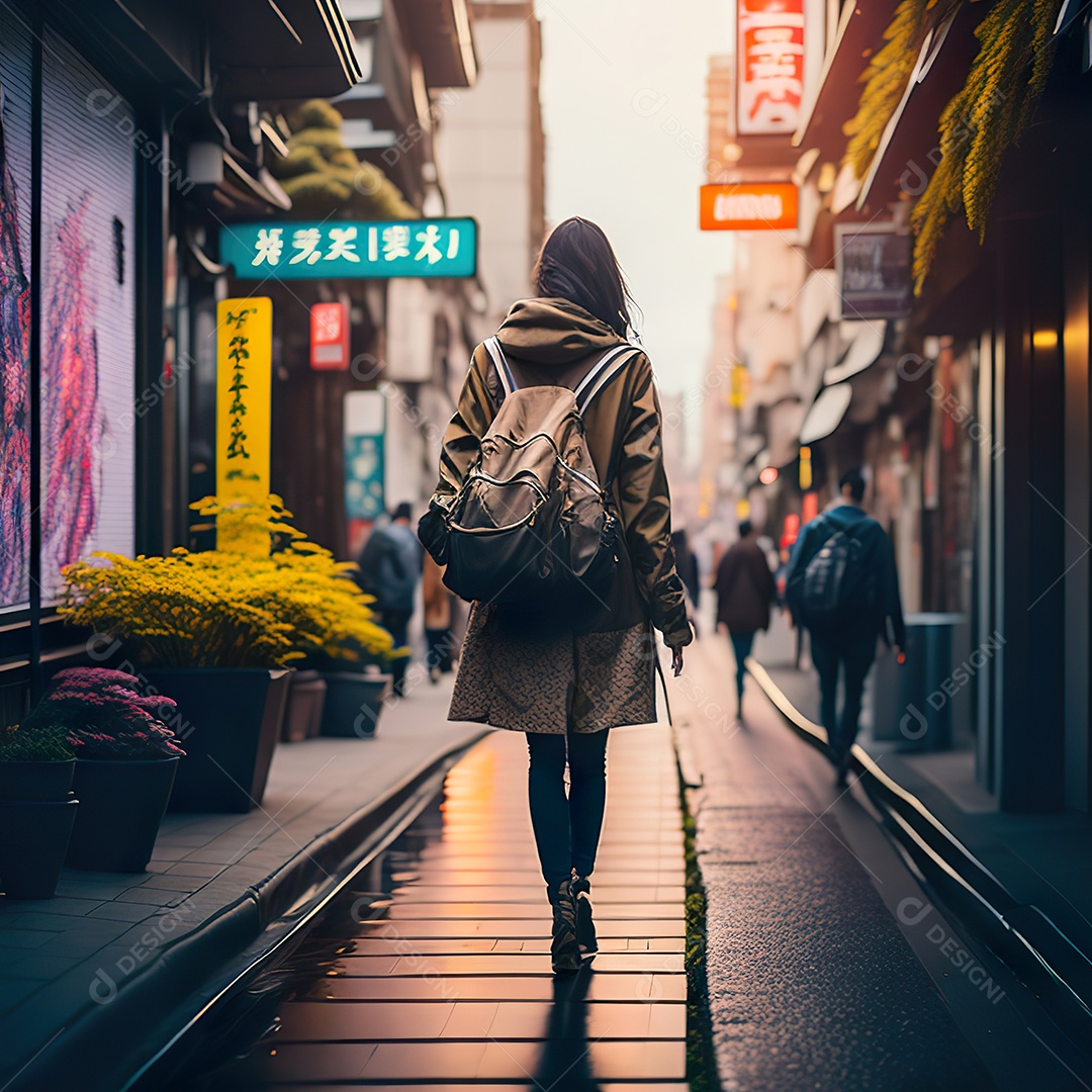 Imagem realista de mulher andando sobre ruas de Tóquio