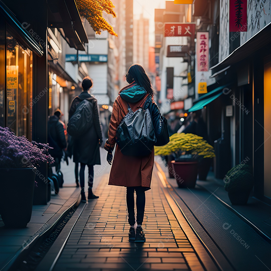 Imagem realista de mulher andando sobre ruas de Tóquio