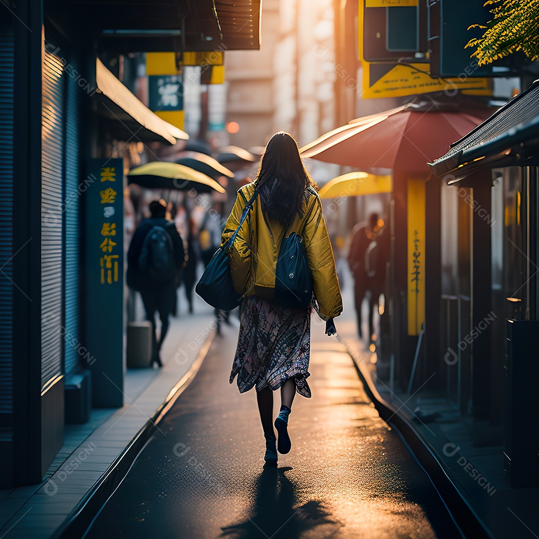 Imagem realista de mulher andando sobre ruas de Tóquio