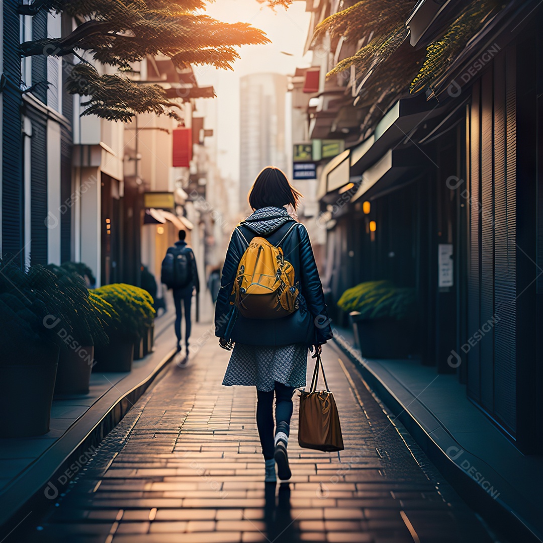 Imagem realista de mulher andando sobre ruas de Tóquio