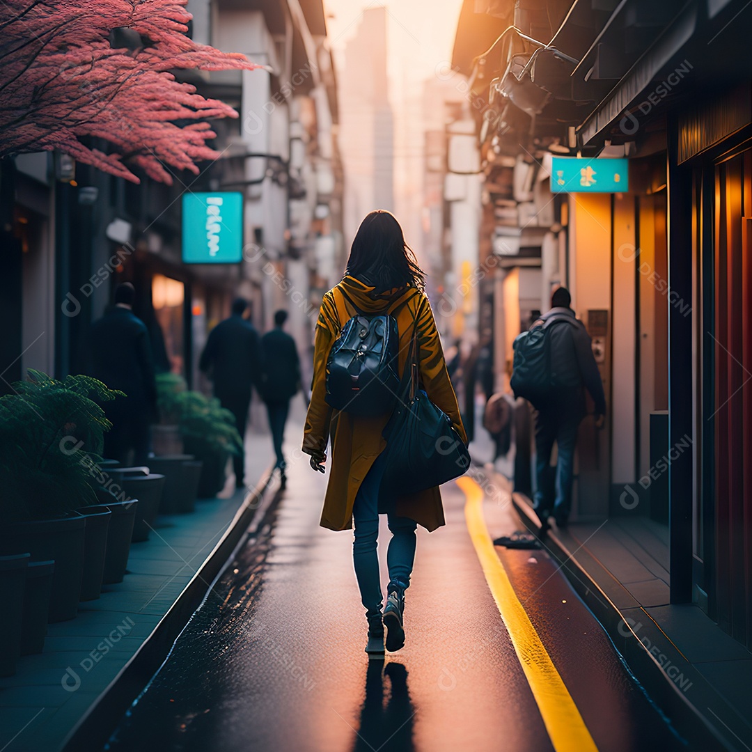 Imagem realista de mulher andando sobre ruas de Tóquio