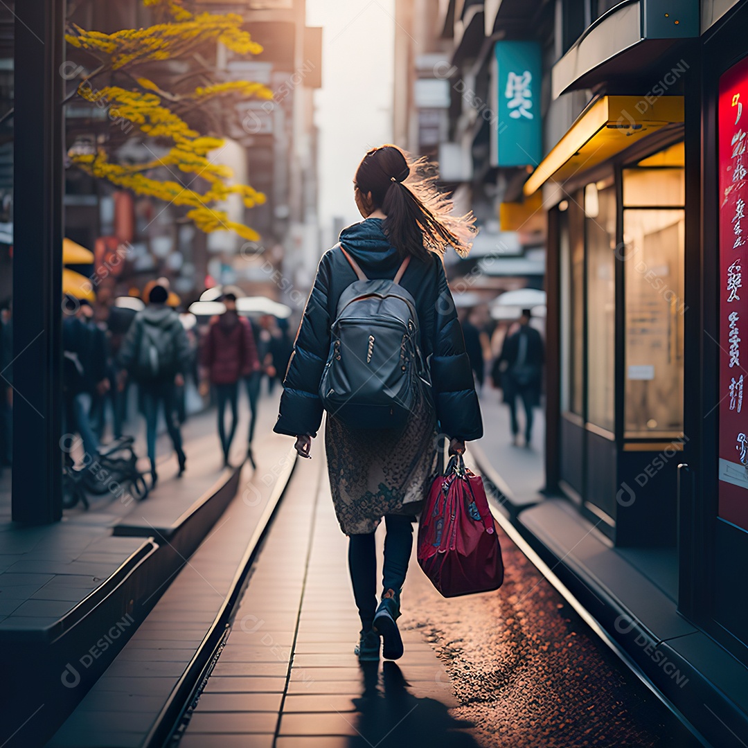 Imagem realista de mulher andando sobre ruas de Tóquio