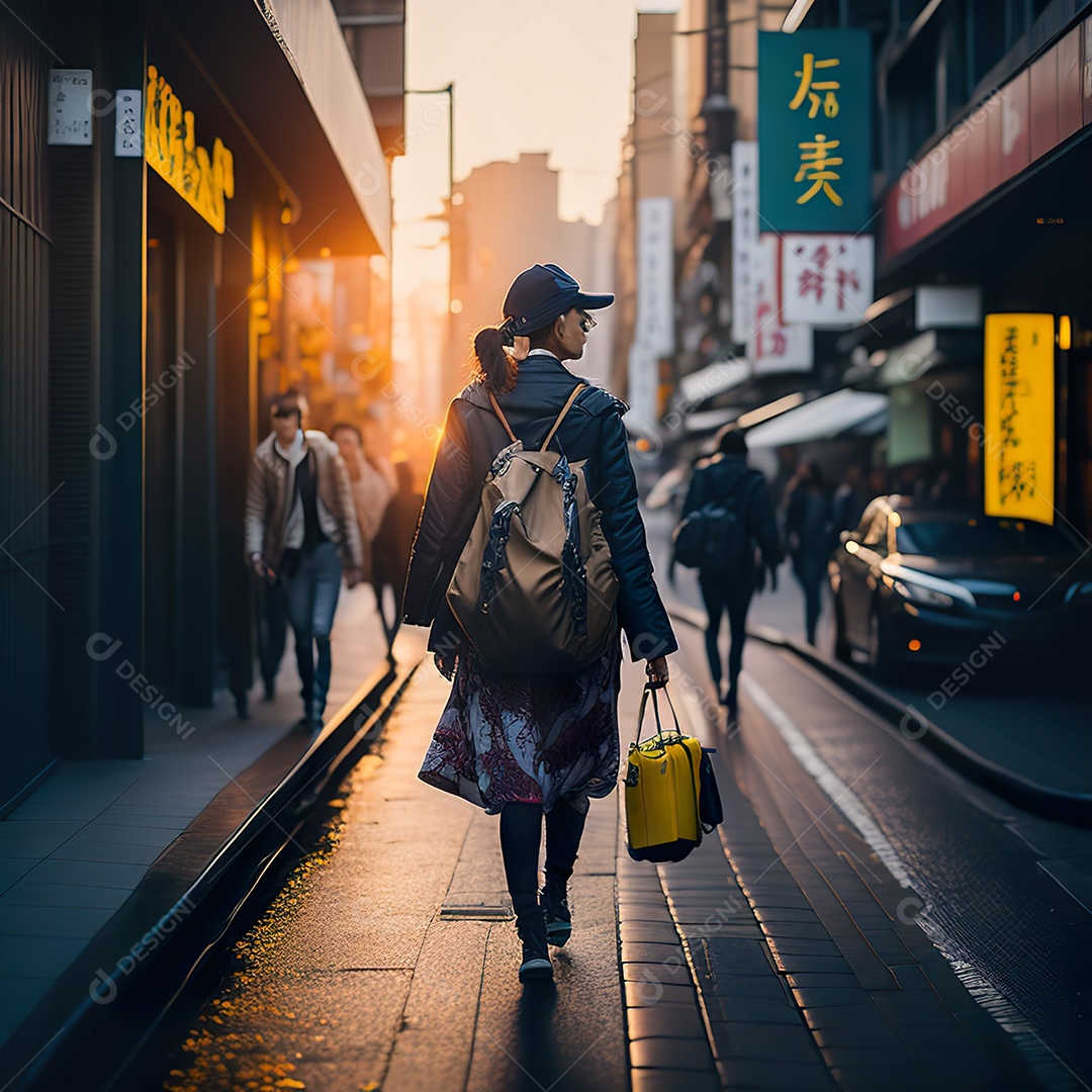 Imagem realista de mulher andando sobre ruas de Tóquio