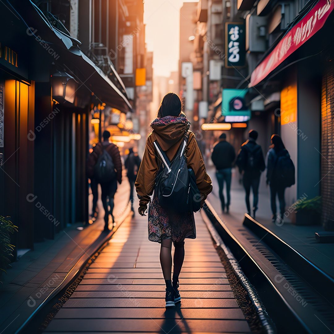 Imagem realista de mulher andando sobre ruas de Tóquio