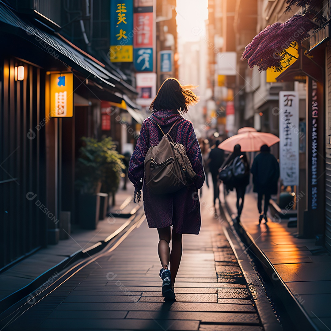 Imagem realista de mulher andando sobre ruas de Tóquio