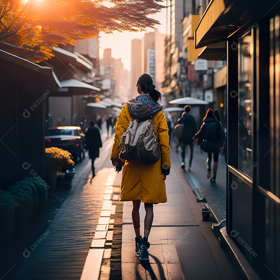 Imagem realista de mulher andando sobre ruas de Tóquio