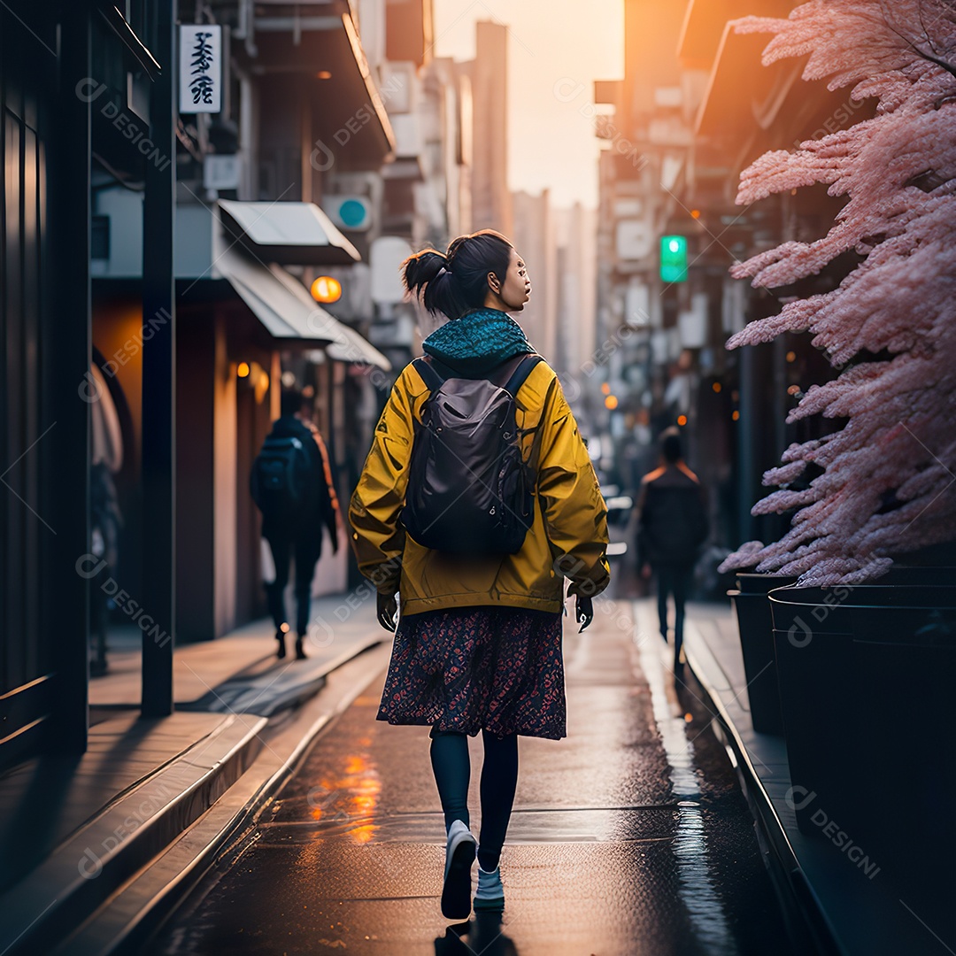 Imagem realista de mulher andando sobre ruas de Tóquio
