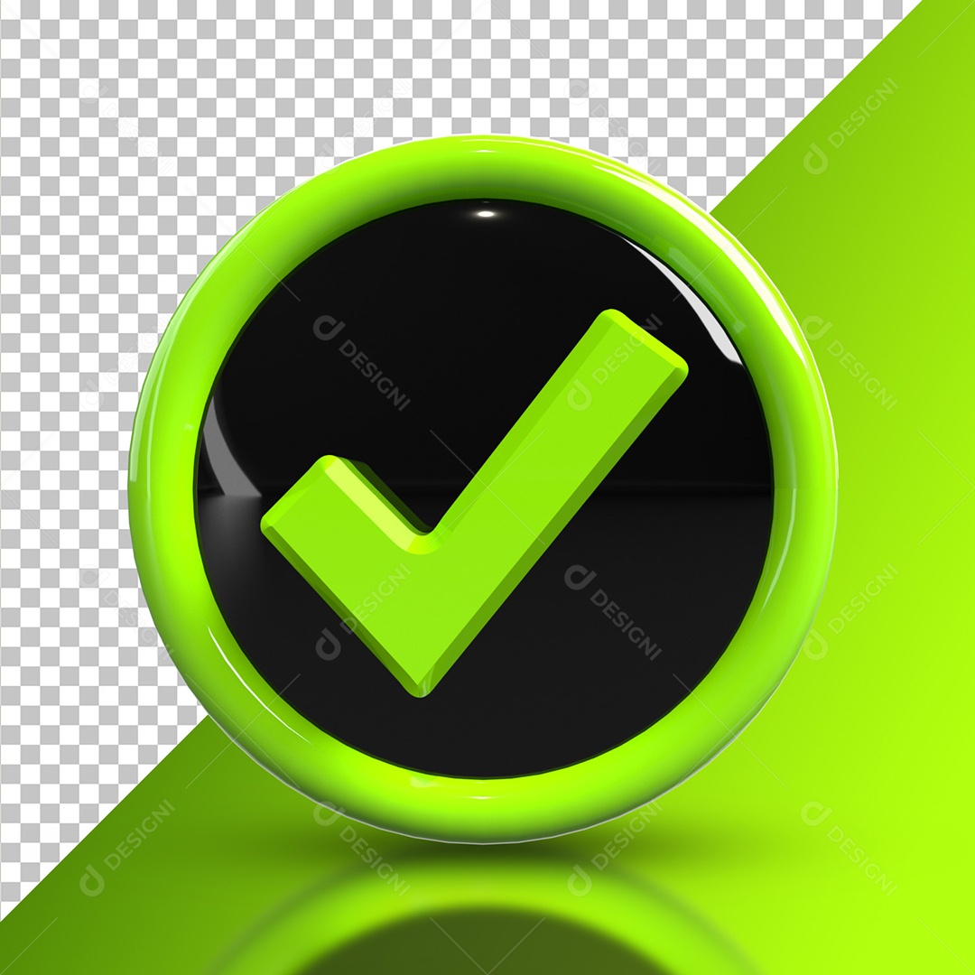 Elemento 3D Forma Circular Com Sinal De Correto Preto e Verde Para Composição PSD