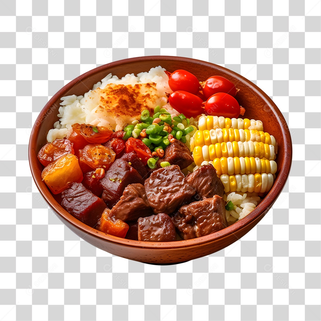 Arroz salada carne grelhada e ovo frito sobre prato PNG Transparente