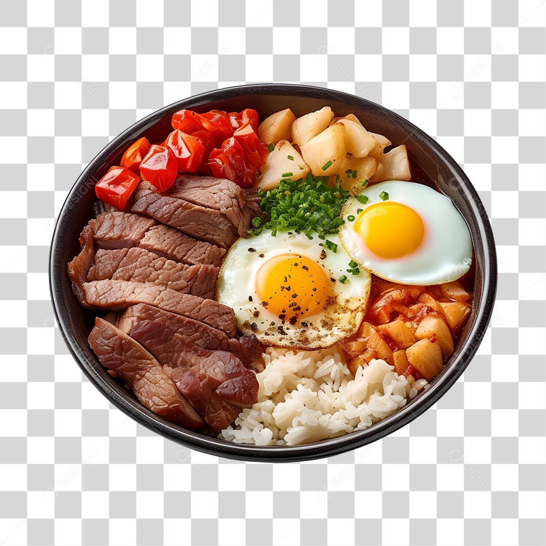 Arroz salada carne grelhada e ovo frito sobre prato PNG Transparente