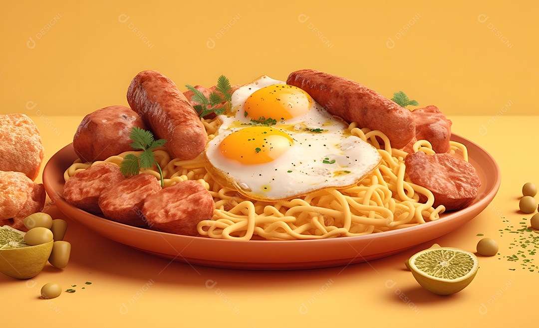 Deliciosa refeição completa em fundo amarelo