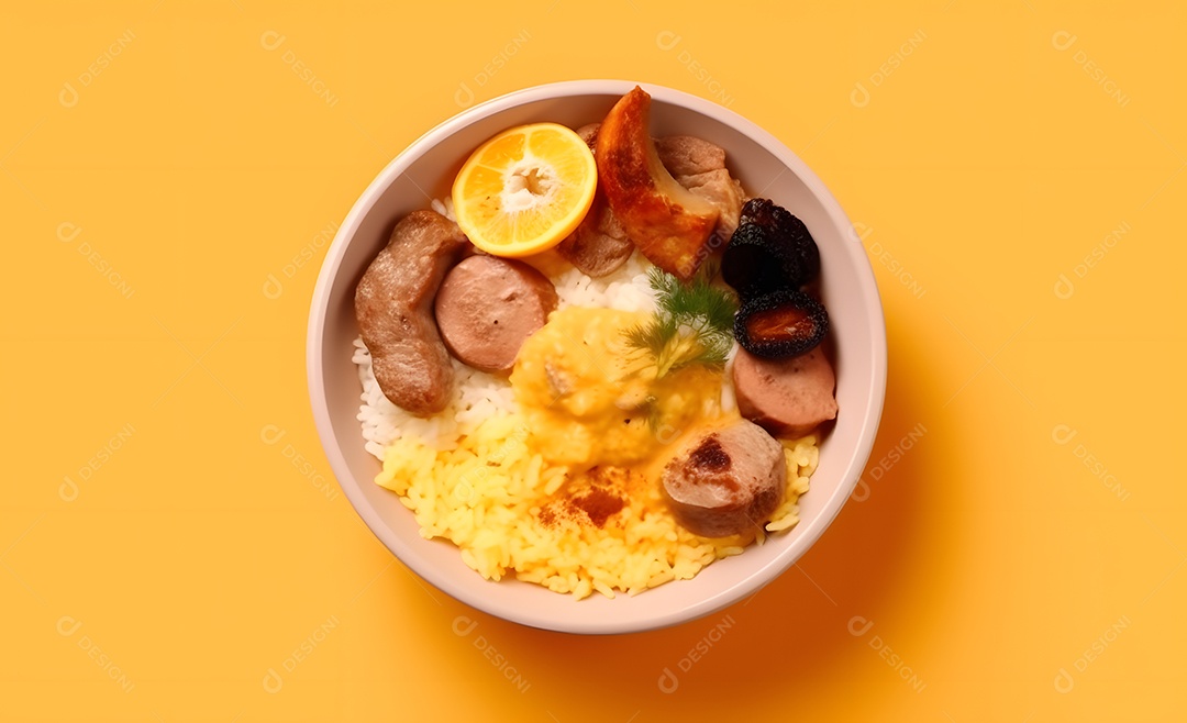 Deliciosa refeição completa em fundo amarelo