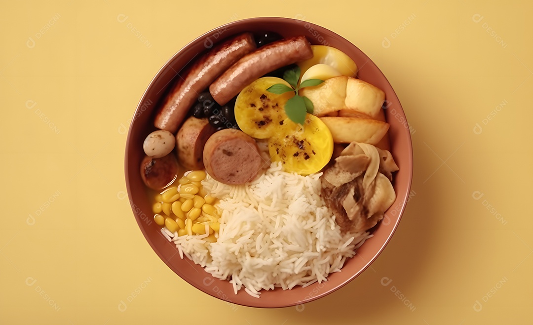 Deliciosa refeição completa em fundo amarelo