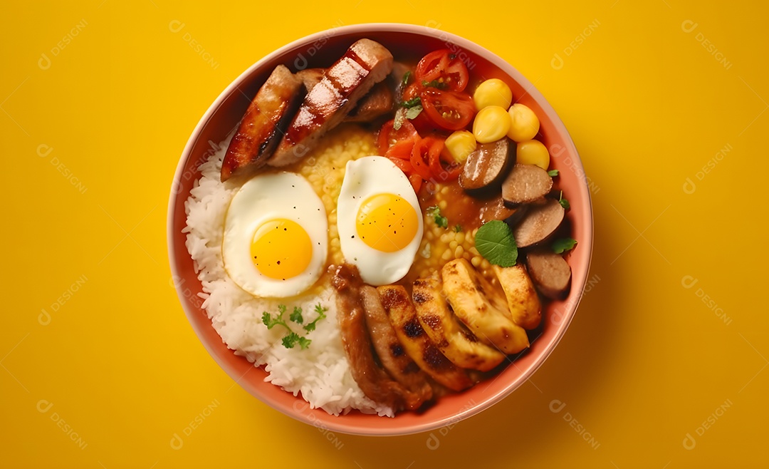 Deliciosa refeição completa em fundo amarelo