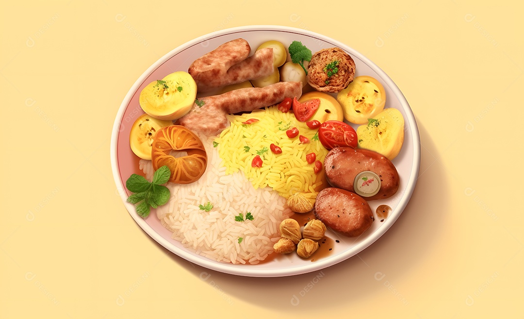 Deliciosa refeição completa em fundo amarelo