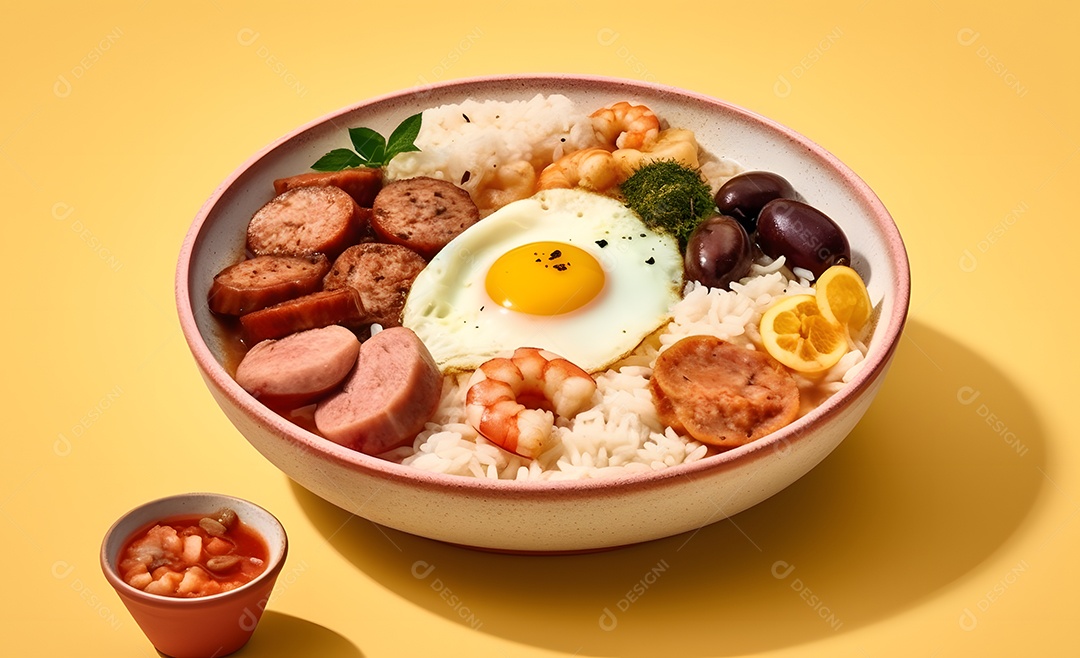 Deliciosa refeição completa em fundo amarelo