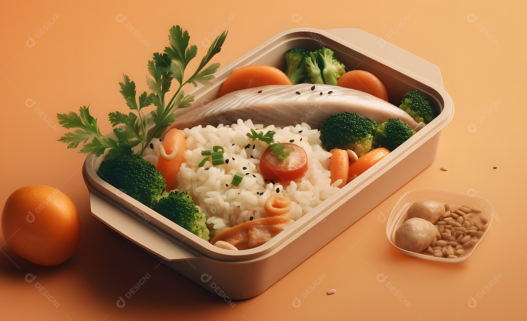 Deliciosa refeição completa em fundo laranja