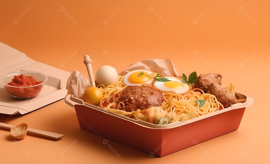 Deliciosa refeição completa em fundo laranja