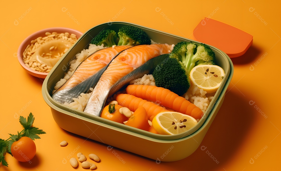 Deliciosa refeição completa em fundo laranja