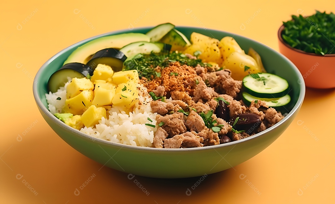 Deliciosa refeição completa em fundo laranja