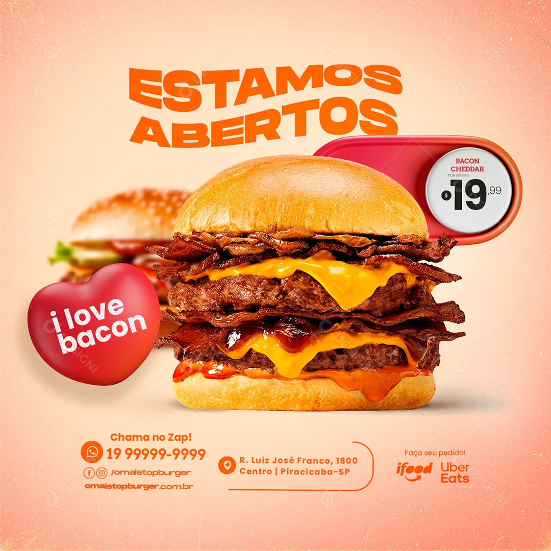 Estamos Abertos Hambúrguer Bacon Cheddar 19,99 Hamburgueria Social Media PSD Editável