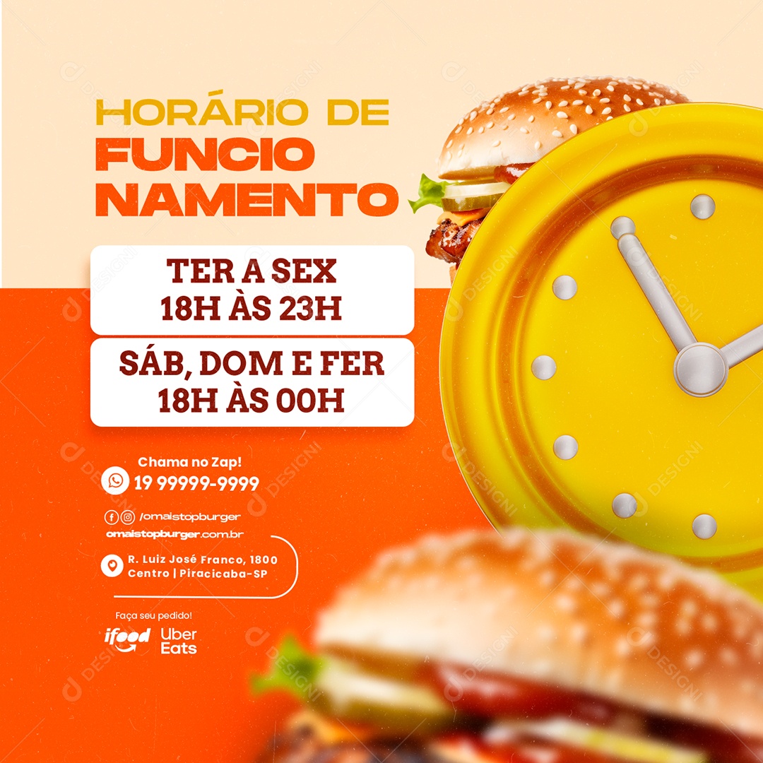 Horário De Funcionamento Hamburgueria Social Media PSD Editável
