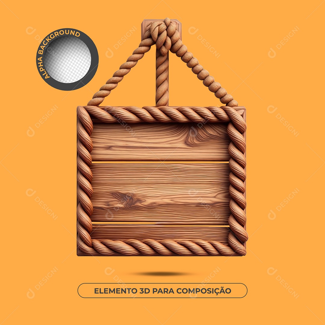Elemento 3D Quadrado Madeira Corda Pendurado Para Composição PSD