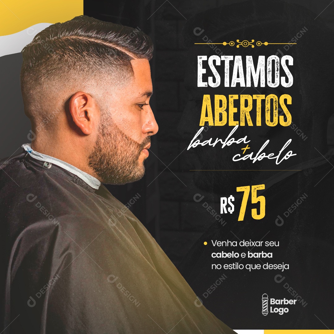 Barbearia Estamos Abertos Social Media PSD Editável