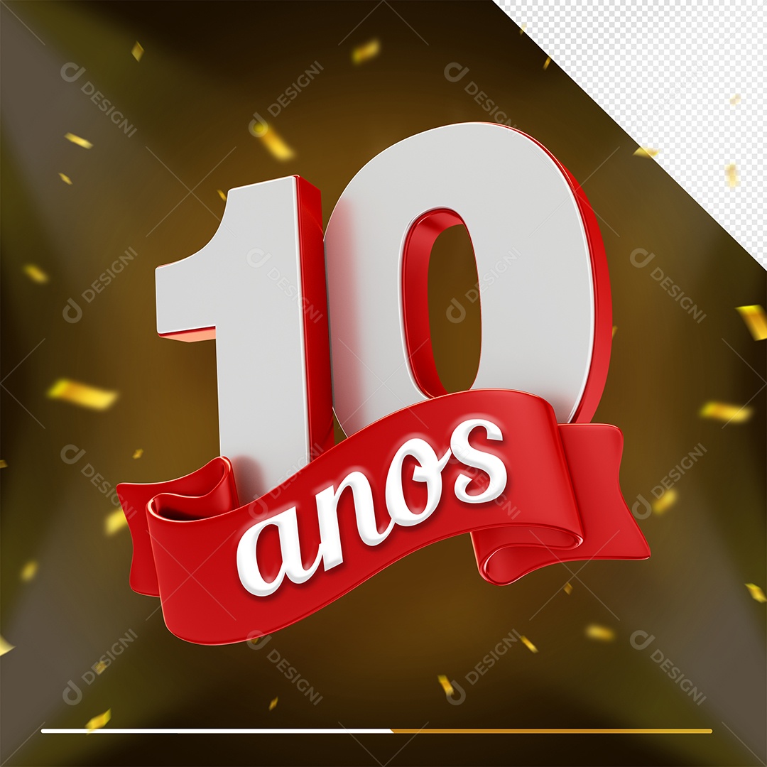 Comemoração 10 Anos Fonte Vermelha e Branca Selo 3D Para Composição PSD