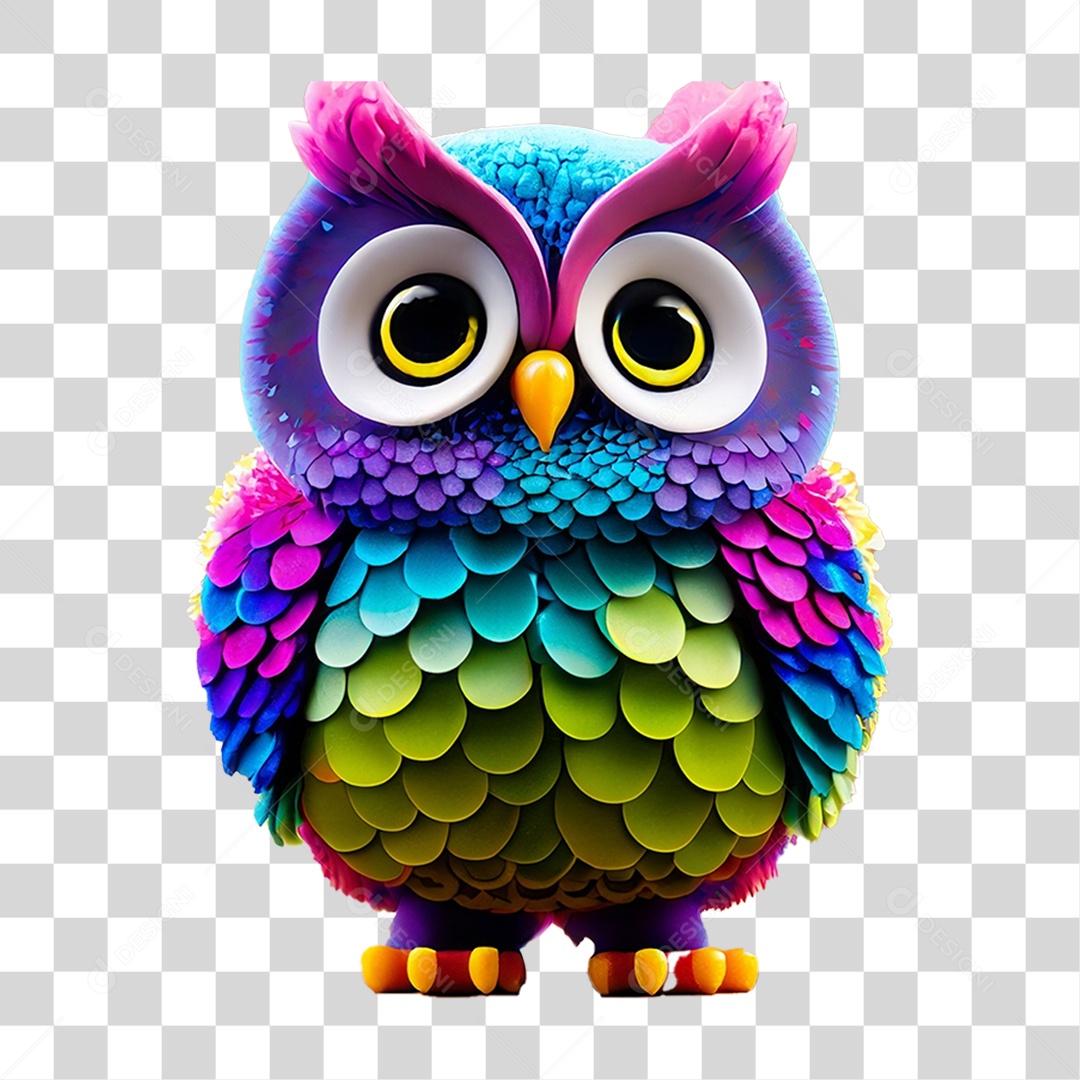 Elemento 3D Coruja Colorida para Composição PNG Transparente