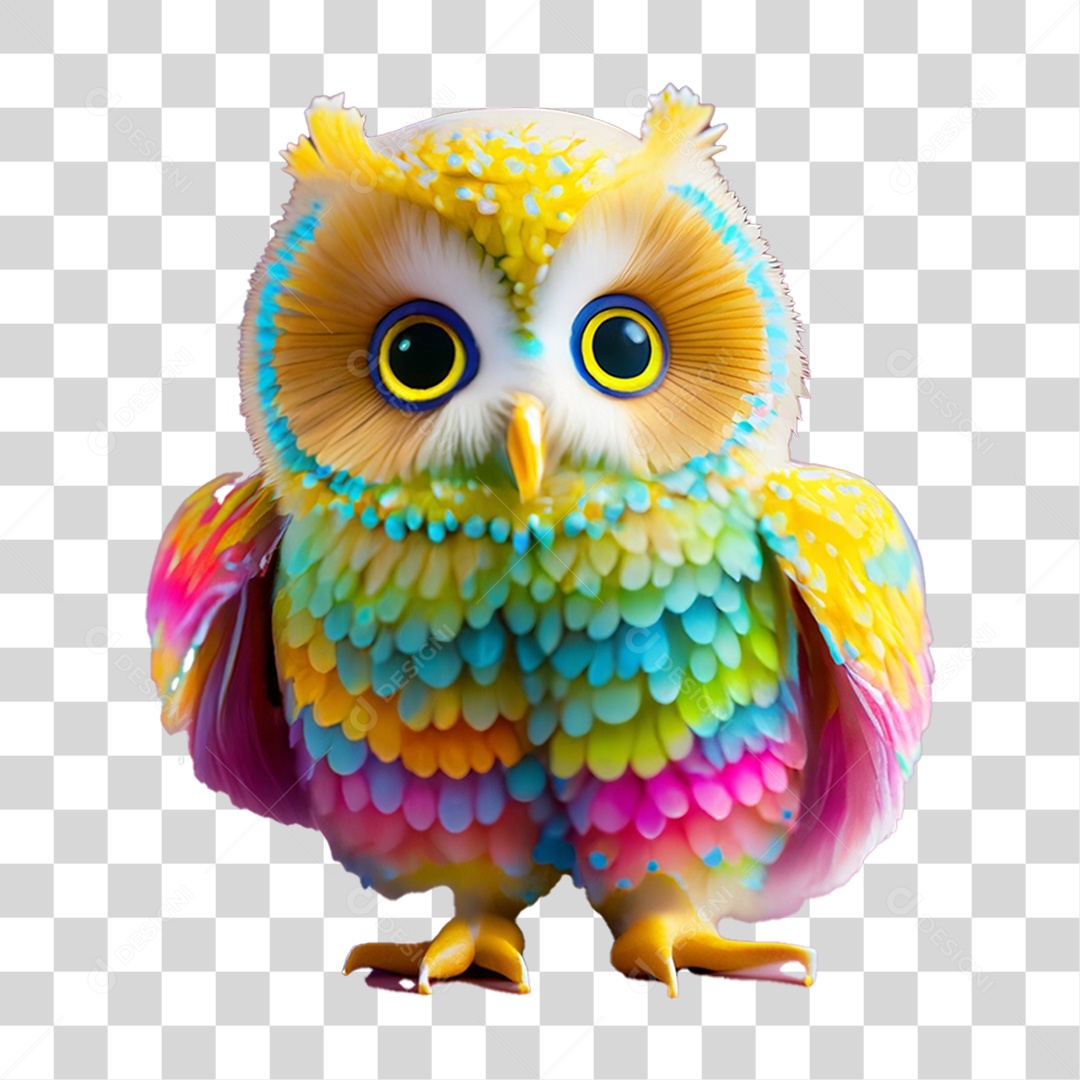 Elemento 3D Coruja Colorida para Composição PNG Transparente
