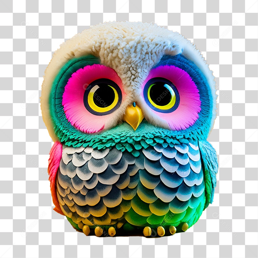 Elemento 3D Coruja Colorida para Composição PNG Transparente