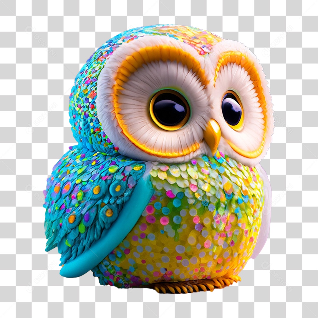 Elemento 3D Coruja Colorida para Composição PNG Transparente